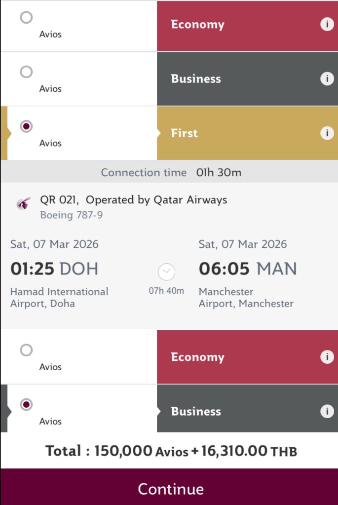 Screenshot of a Qatar Airways flight booking summary showing flight details for QR 021 from Doha to Manchester on March 7, 2026, with options for Economy, Business, and First Class seats.