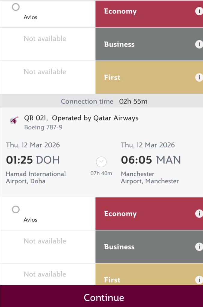 Screenshot showing Qatar Airways flight QR 021 details from Doha to Manchester on March 12, 2026, with seat availability listed as Economy, Business (not available), and First (not available), along with connection time.