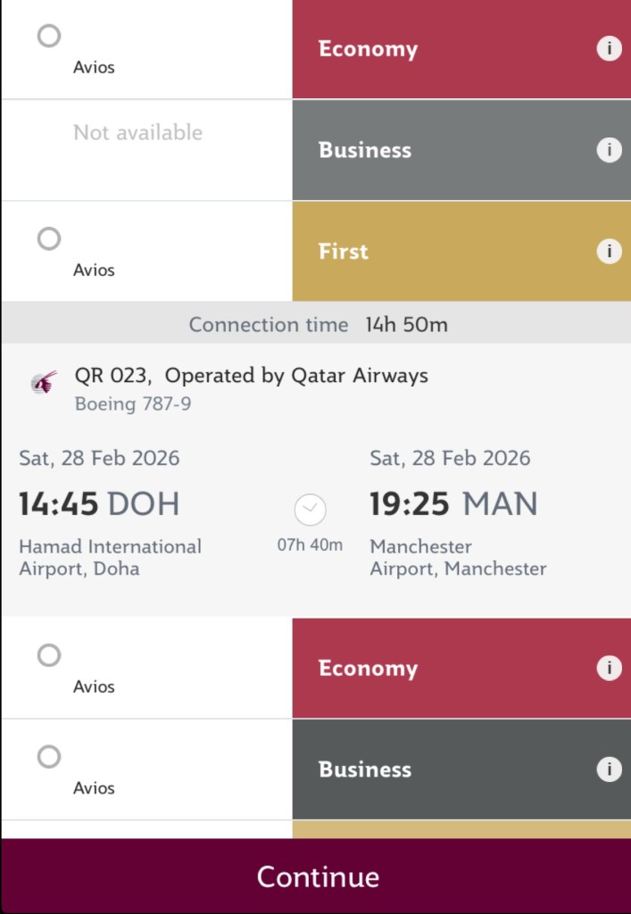 Screenshot of a flight booking interface showing availability for Qatar Airways flight QR 023 from Doha to Manchester on February 28, 2026, indicating Economy seats available, Business seats not available, and First Class seats available.