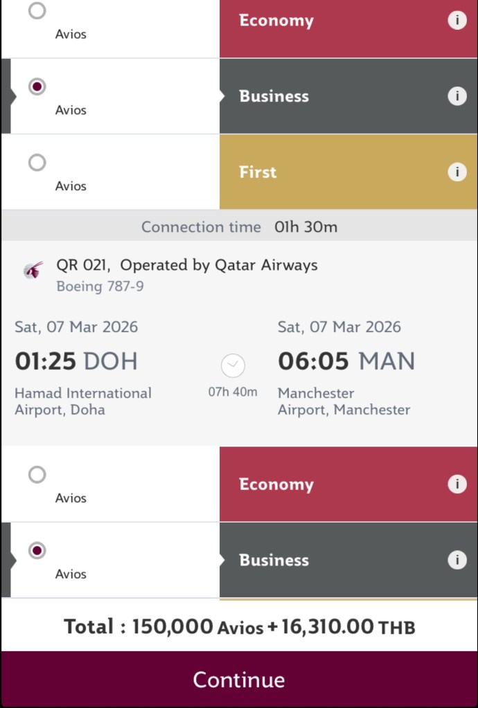 Screenshot of Qatar Airways flight booking details showing options for Economy, Business, and First Class for a flight from Doha to Manchester on March 7, 2026.
